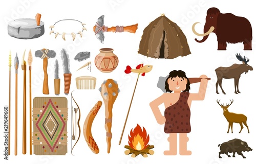 Cartoon style set of primitive man objects on a white background Objects of life and hunting silhouettes of animals, housing and  man Vector illustration of a collection of tools of a caveman