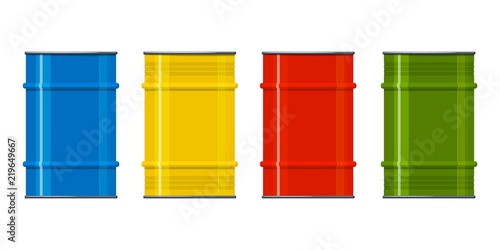 Set of multi-colored metal barrels on a white background. Containers for liquid products. Element of design. Vector illustration