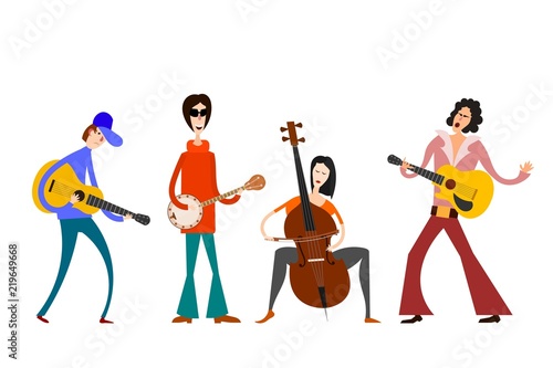Street Orchestra. Figures of musicians with musical instruments on a white background. Vector illustration of a street band in the style of Cartoon