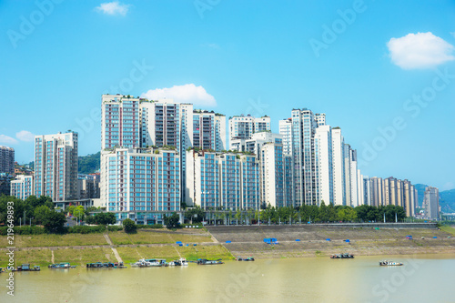 China s Chongqing urban landscape  high-rise buildings  the Yangtze River rushing