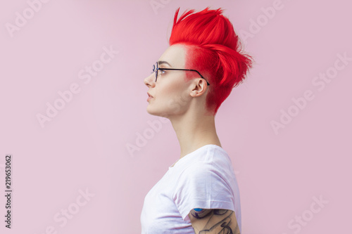 profile of a talented stylist, hairdo concept. dyed hair. creativity photo