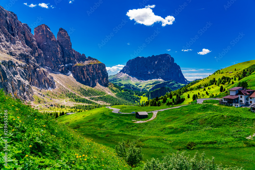 View of the beautiful Dolomites at the Gardena Pass