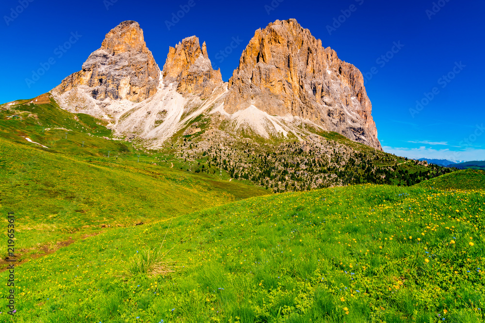 View of the beautiful Italian Dolomites mountain in summer sunny day