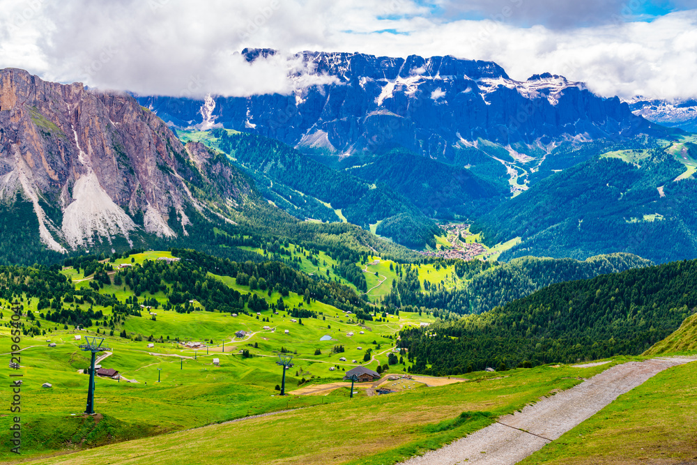 View of beautiful mountain of Dolomites and the village