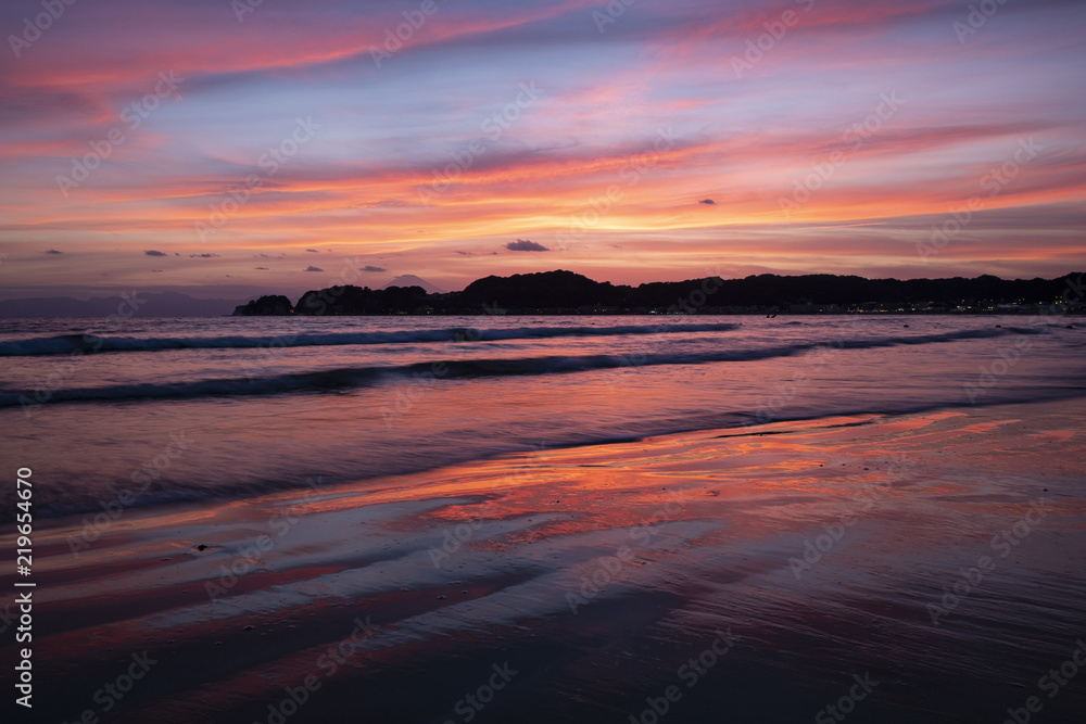 Summer beach at sunset in Yuigahama, Kanagawa, Japan.
