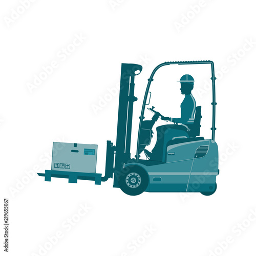 Warehouse forklift. One color forklift truck with a cargo on a palette for infographic. Flat vector.
