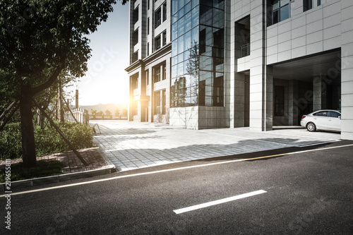 Office building and asphalt road
