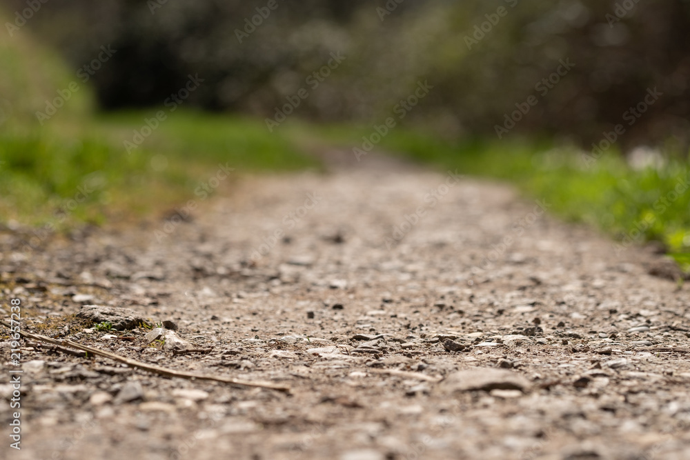 Makro Feldweg mit Steinen und Unschärfe Bokeh Makro Feldweg mit Steinen und Unschärfe Bokeh