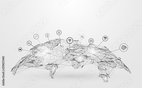 Low polygon Globe Map with social icons wireframe mesh on blue background