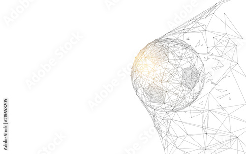 Soccer ball in goal from lines and triangles, point connecting network on blue background. Illustration vector