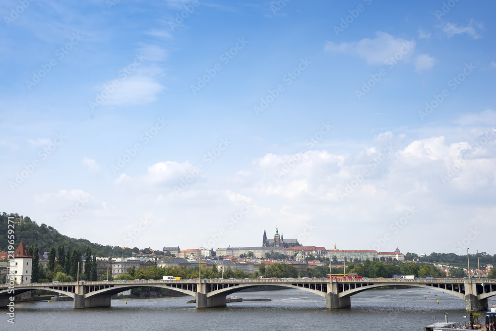 Panoramic view of Charles Bridge in Prague in a beautiful day, Czech Republic