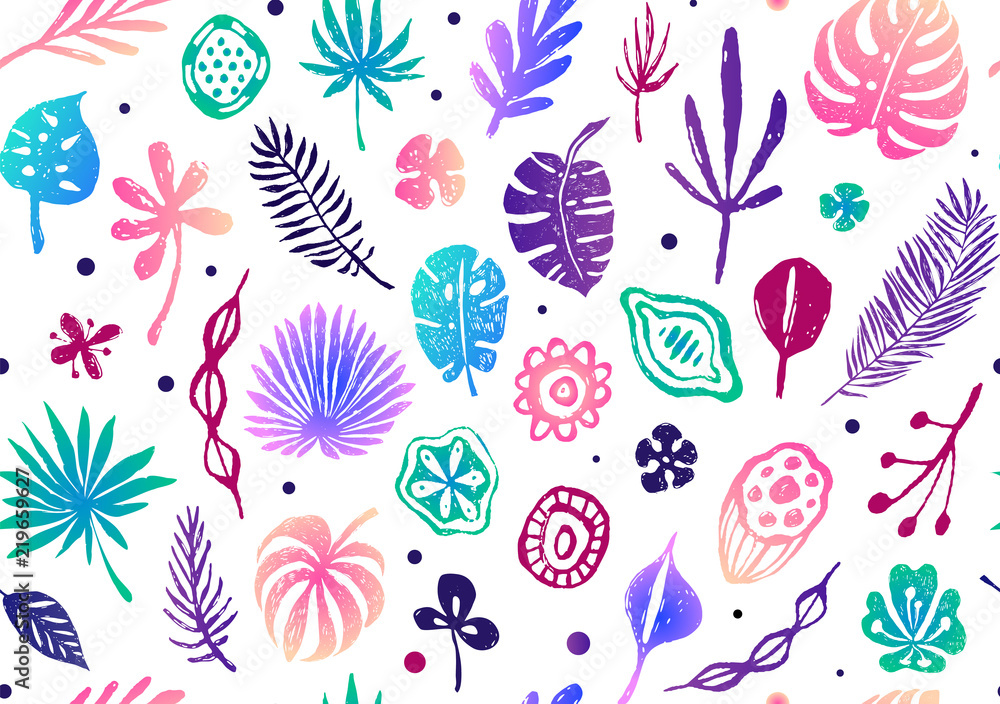 Seamless trendy pattern with exotic palm leaves, flowers and seeds. Vector botanical illustration, design element for fabric, wrapping paper, congratulation cards, print, banners and others