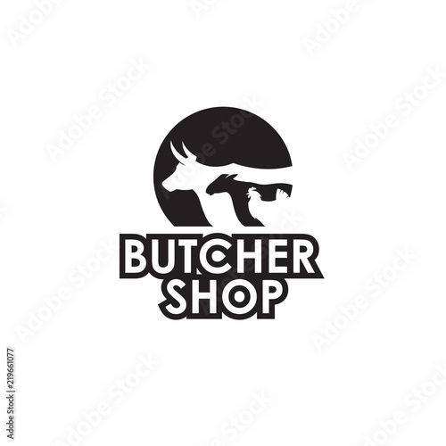 monochrome label of farm animals cow, chicken and sheep for butcher shop