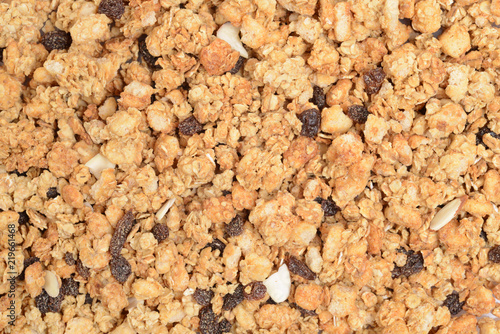 granola raisin almond cereal background