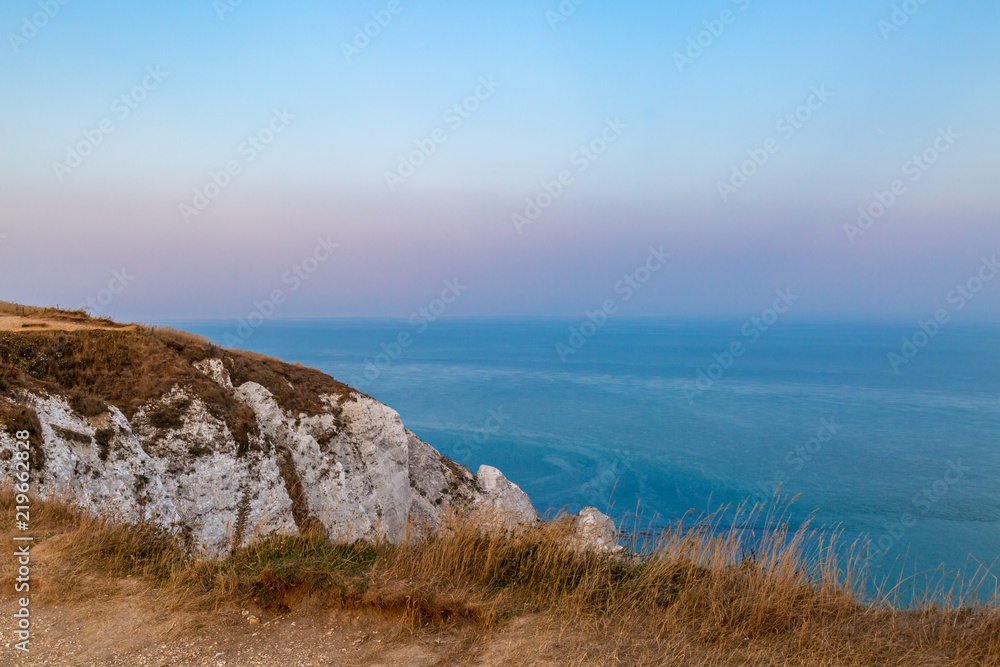 Looking out to sea over white chalk cliffs, near Beachy Head in Sussex