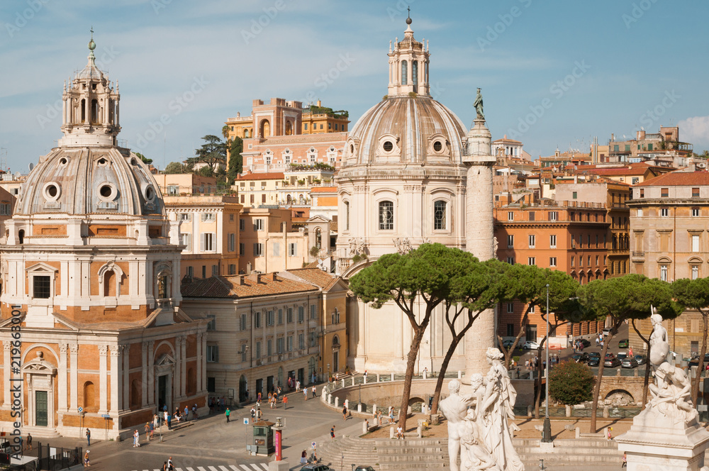 Trajan's Column and Santa Maria di Loreto Church in Rome, Italy