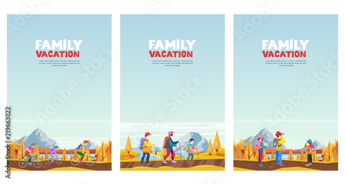 Family autumn vacation. Cycling, hiking and outdoors sports activity. Vector cartoon style illustrations set.