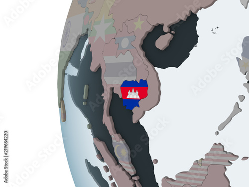 Cambodia with flag on globe