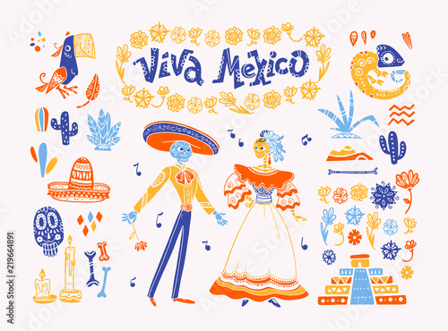 Big vector set of mexico elements, skeleton characters, animals in flat hand drawn style isolated on white background. Icons for fiesta, celebration, national patterns, decoration, traditional food.
