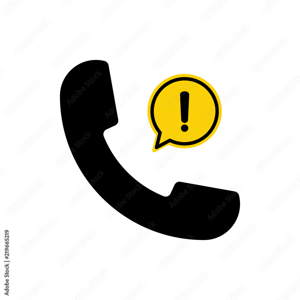 Phone call with yellow warning mark. Danger warning attention sign in a speech bubble vector