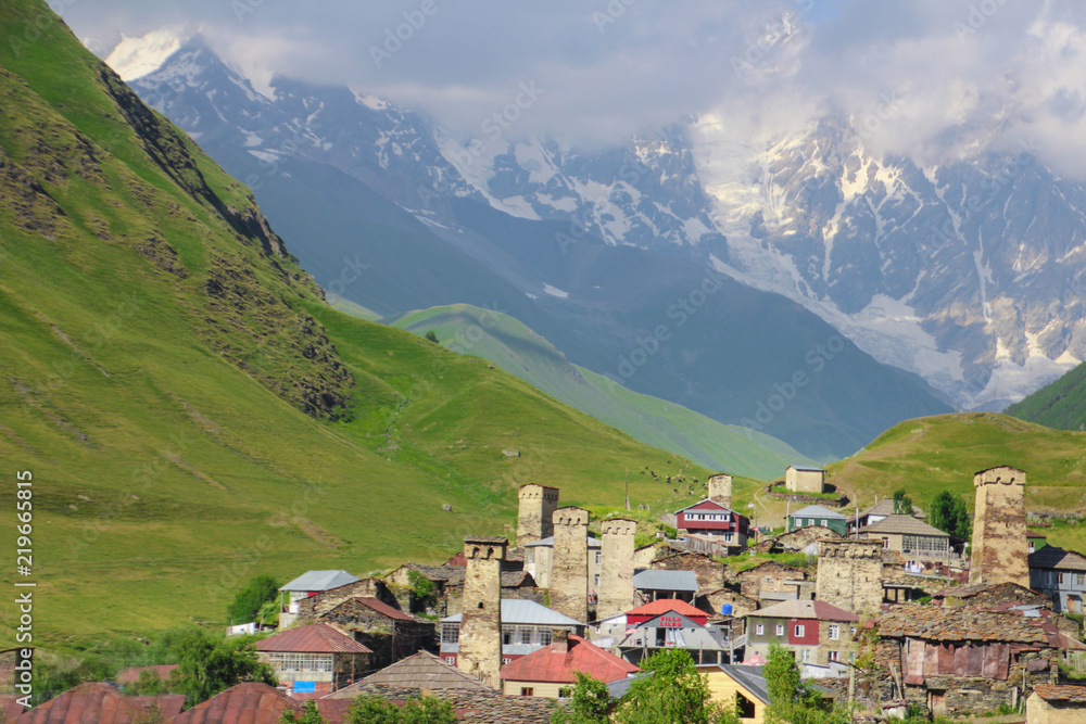 Village Ushguli with the Mt Shakhara, tallest mountain in Georgia, in the background.