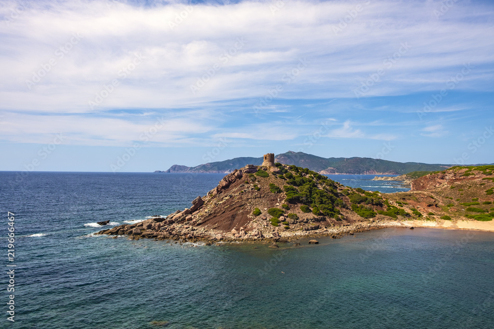Fototapeta premium Alghero, Sardinia Italy - Panoramic view of the Cala Porticciolo gulf with Torre del Porticciolo tower in the Porto Conte Regional Park