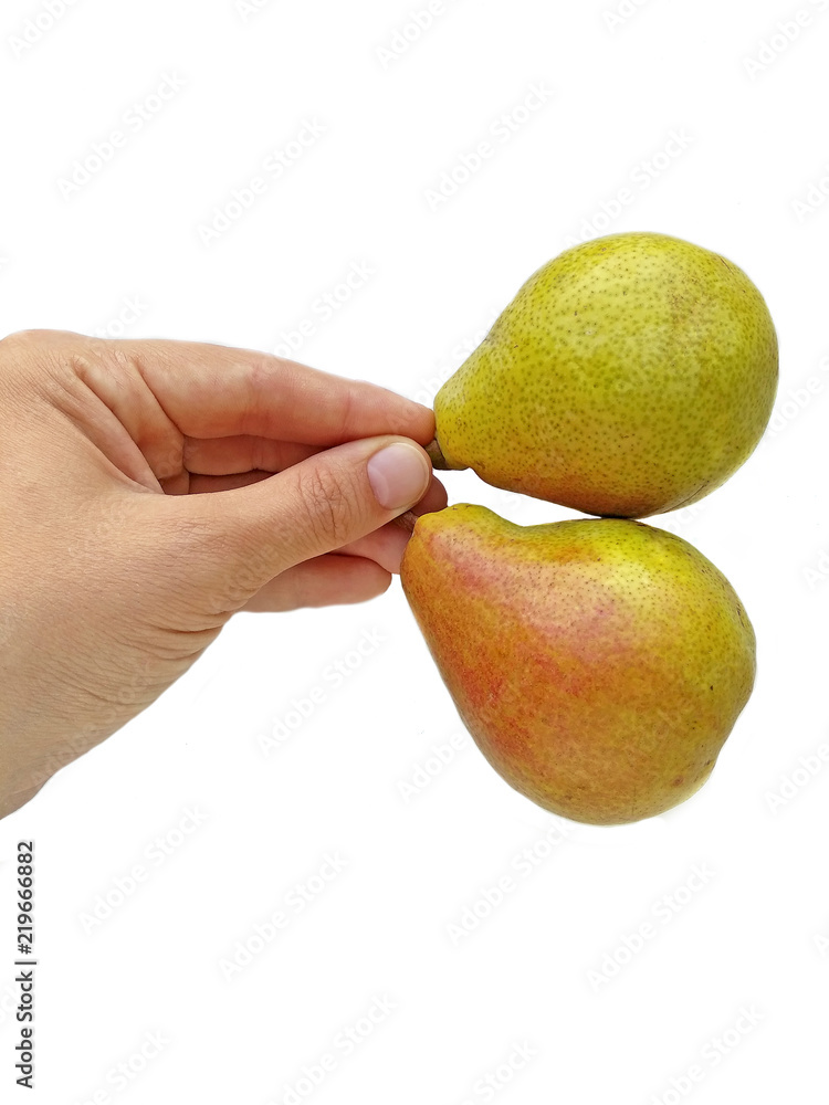 Juicy bright pears in hand, isolated on white background. Eat fruit every day, it is very beneficial for the body. Ripe tasty pears are rich in fiber. How Much Fruit Should You Eat per Day? Vegan, raw Juicy bright pears in hand, isolated on white background. Eat fruit every day, it is very beneficial for the body. Ripe tasty pears are rich in fiber. How Much Fruit Should You Eat per Day? Vegan, raw