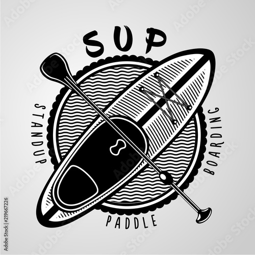 SUP. Standup padle boarding vector sign. Vintage icon on isolated backround. Surf board and paddle.