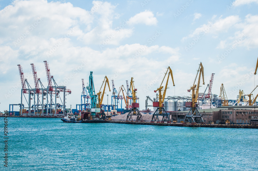 Odessa, Ukraine. Black sea port with cranes and containers. Port of Odessa is the largest Ukrainian seaport with annual traffic capacity of 40 million tonnes