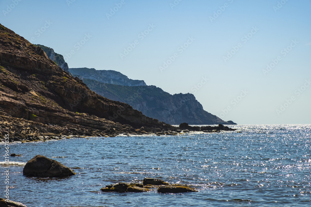 Alghero, Sardinia Italy - Panoramic view of the Cala Porticciolo gulf with cliffs over the Cala Viola gulf in the Porto Conte Regional Park