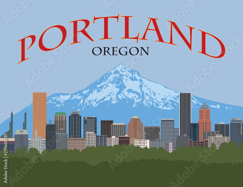 Portland Oregon Skyline with text and background Poster vector Illustration photo