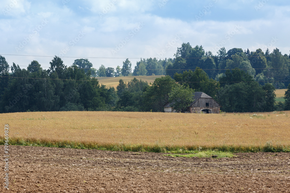 sunny day in the countryside; a landscape with meadows and trees and an old abandoned building; an ancient building built from boulders