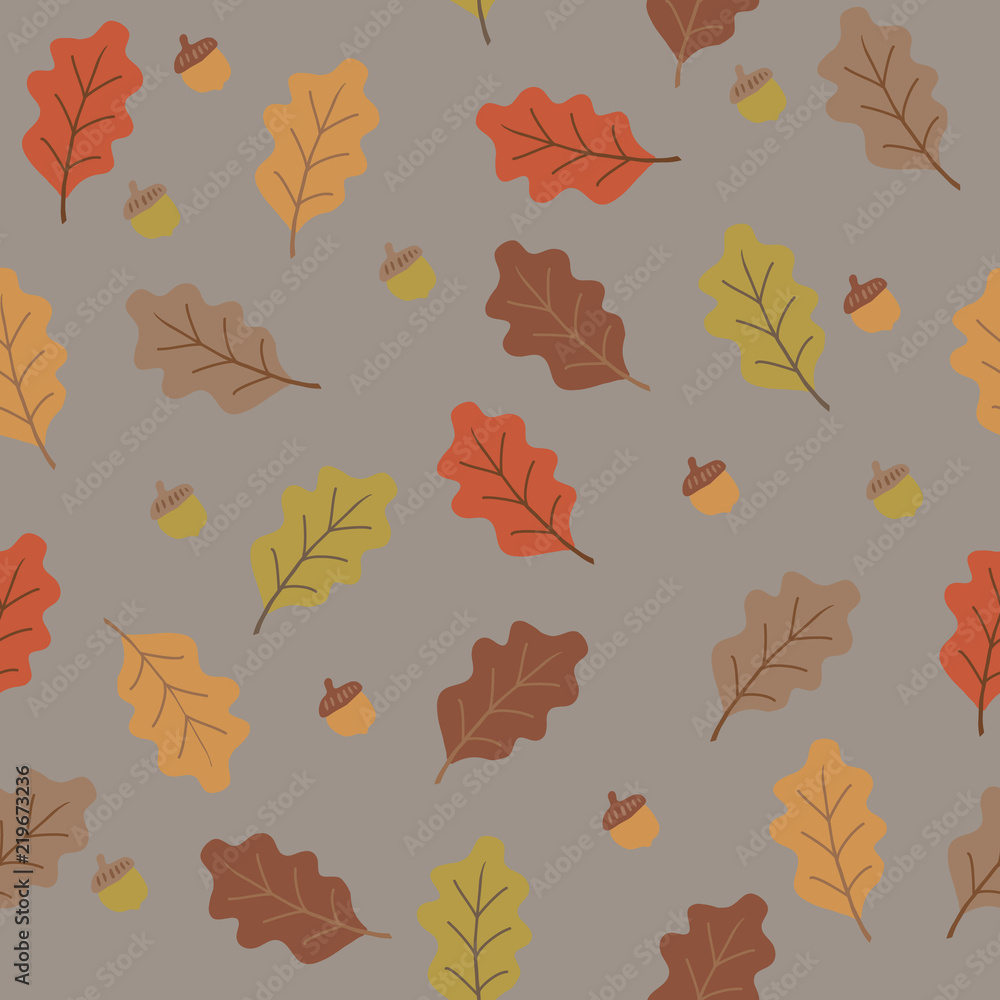 orange yellow, brown and beige oak tree leaves and accorn, seamless vector seasonal autumn background
