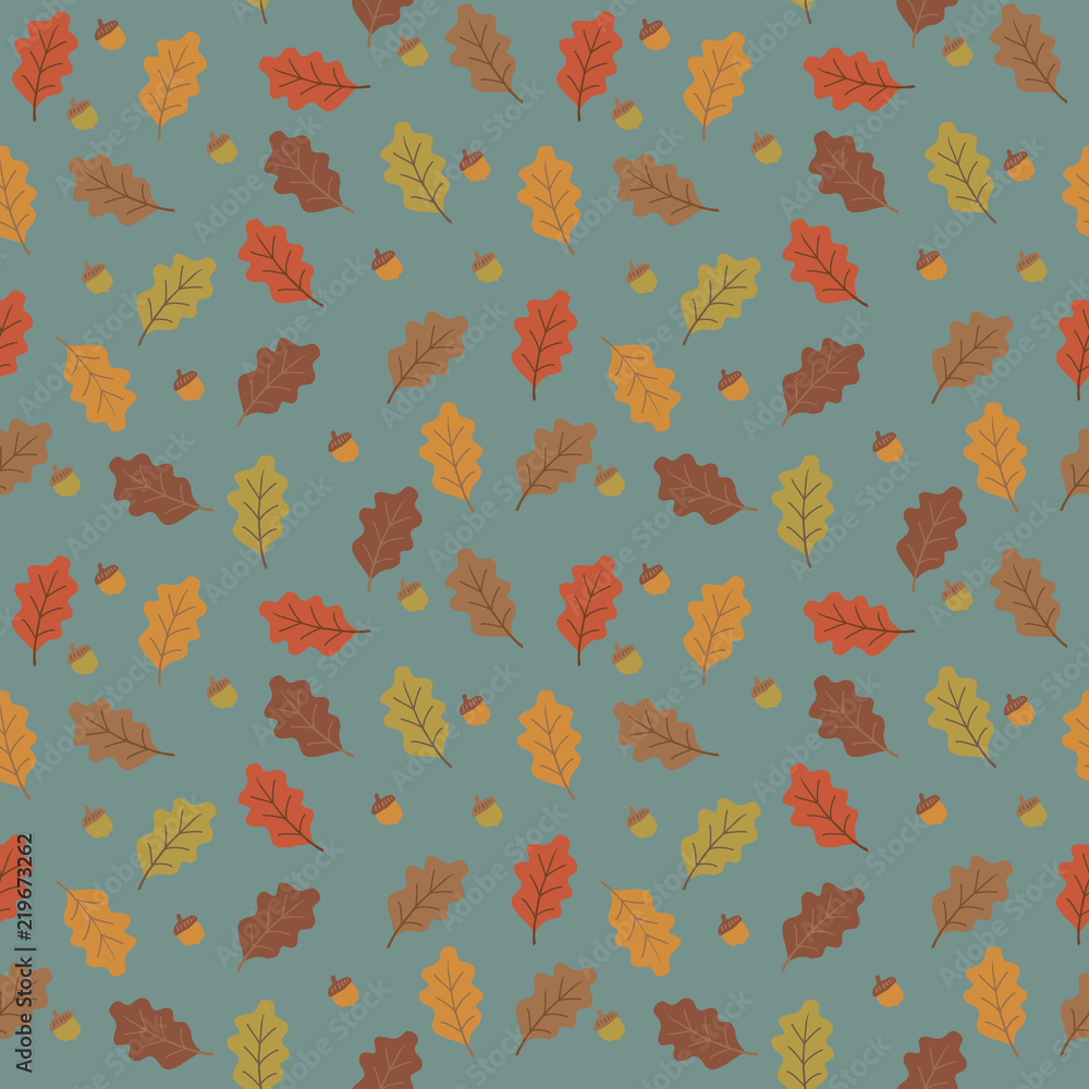 orange yellow, brown and beige oak tree leaves and accorn on blue green, seamless vector seasonal autumn background