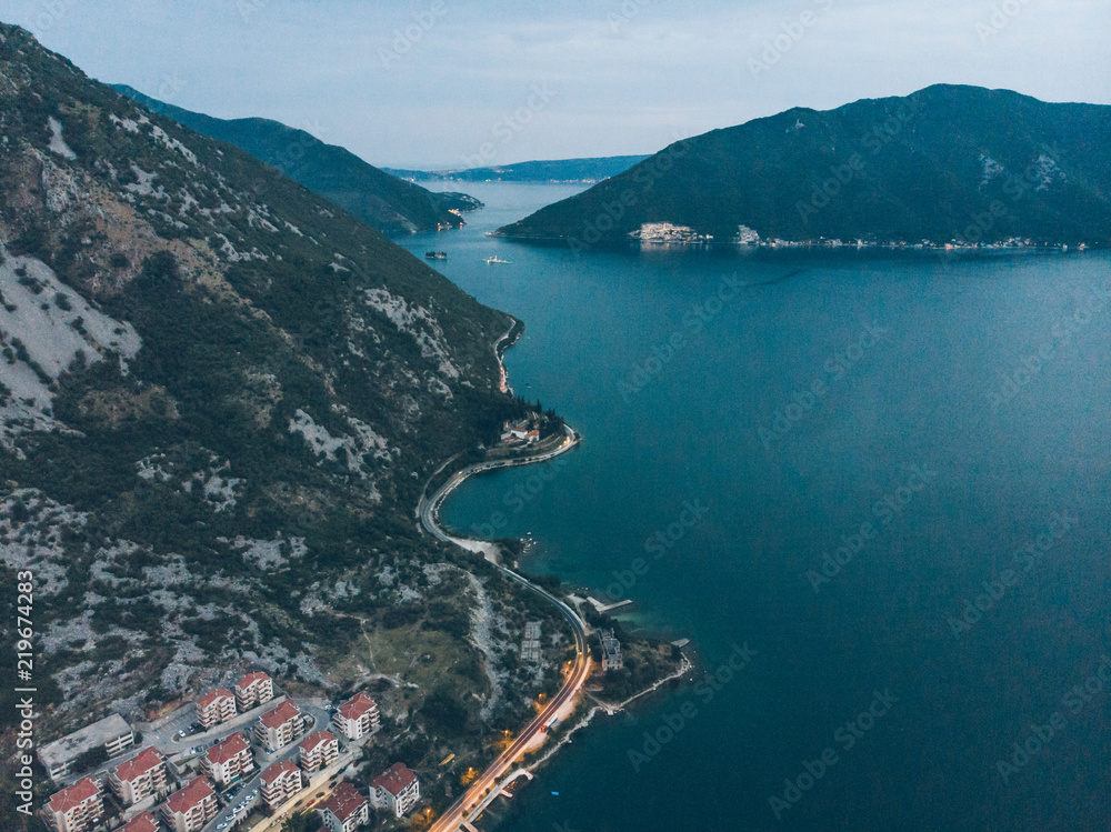 aerial view of kotor bay in the evening