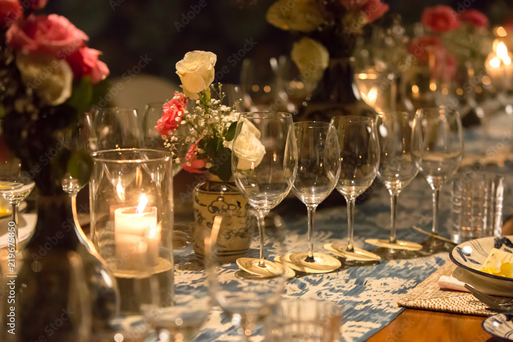 Glasses for champagne, wine, stand on a table. Wedding party, dinner or special event Glasses for champagne, wine, stand on a table. Wedding party, dinner or special event