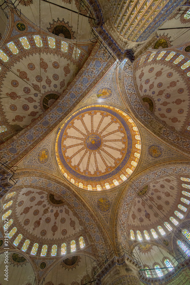 Interior of  Sultanahmet mosque (Blue mosque) in Istanbul, Turkey.