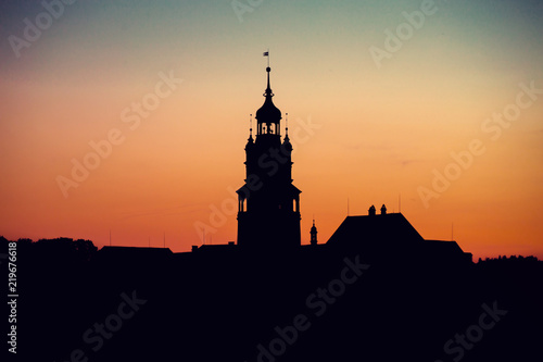 Beautiful view to church and castle silhouette in Cesky Krumlov, Czech republic.UNESCO World Heritage Site.