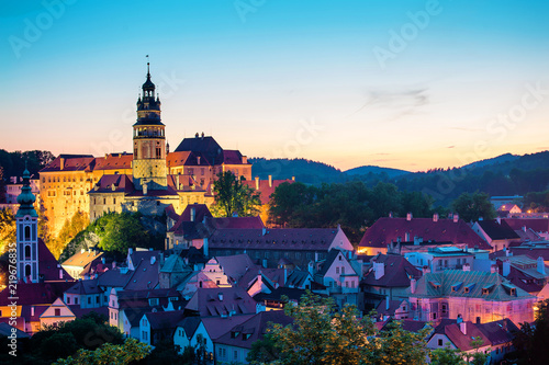 Historic castle of Cesky Krumlov at night, Czech Republic.UNESCO World Heritage Site.