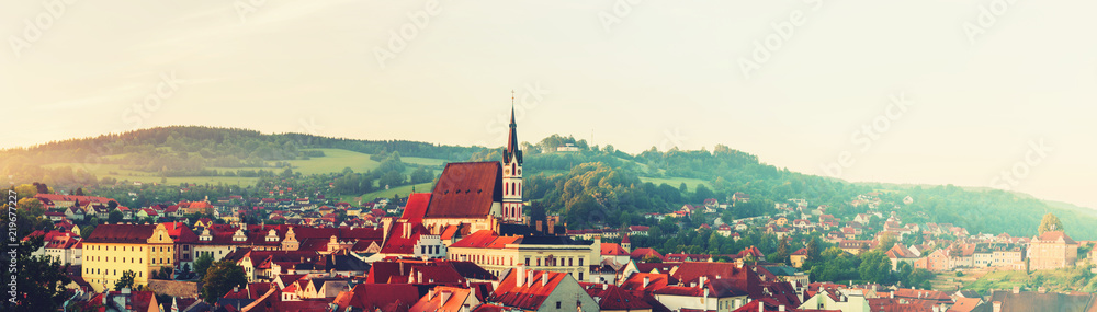 Panoramic aerial view over the old Town of Cesky Krumlov, Czech Republic.UNESCO World Heritage Site.