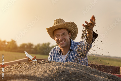 Happy farmer sitting in trailer full of sunflower seeds photo