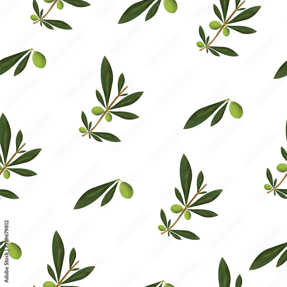 seamless texture with olive tree and olive oiles vector - green floral pattern - white background