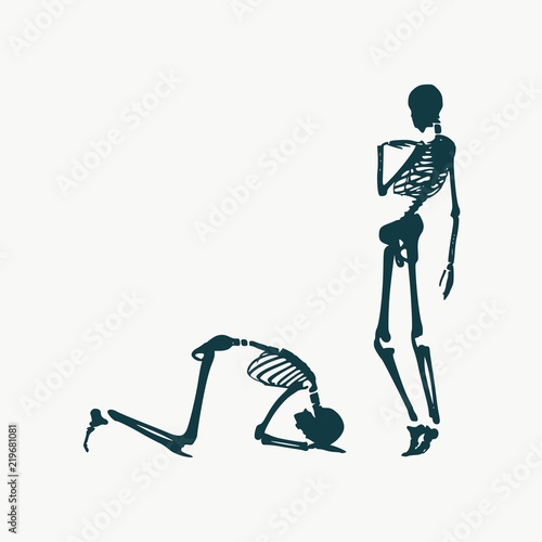 Concept illustration of a obedience. Man prostrated under female foot. Silhouettes of two skeletons