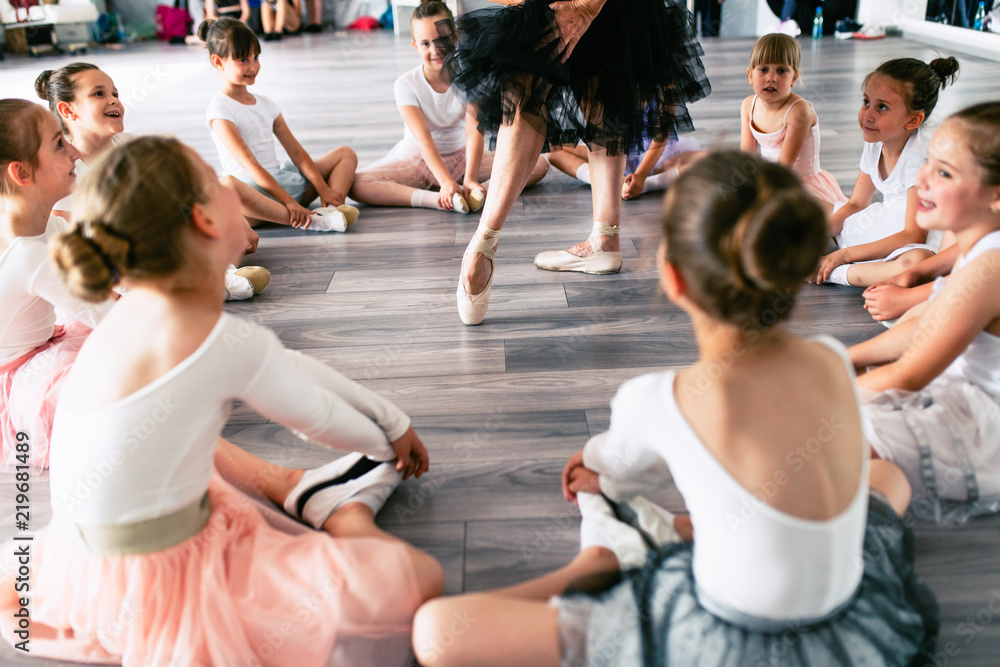 Obraz premium Group of beautiful little girls practicing ballet at dancing class.