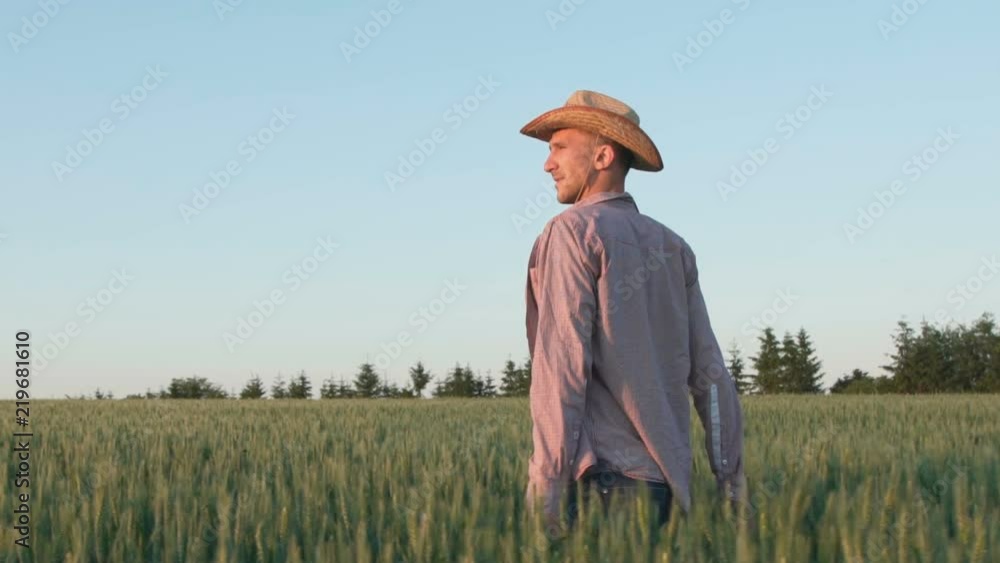 Young farmer touches the wheat spikes and rejoices at sunset in the field Young farmer touches the wheat spikes and rejoices at sunset in the field