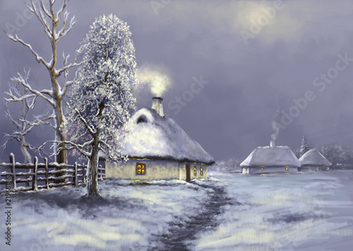 Winter paintings landscape. Old village, rural. Fine art, digital paint.
