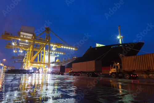 Shipping & Logistics background with Cargo operation at Port at night.