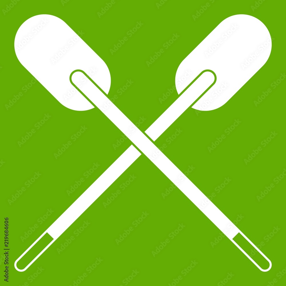 Two wooden crossed oars icon white isolated on green background. Vector illustration Two wooden crossed oars icon white isolated on green background. Vector illustration