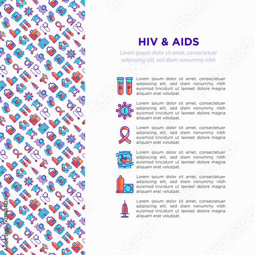 HIV and AIDs concept with thin line icons: safe sex, blood transfusion, antiviral drugs, physical examination, AIDs ribbon, blood test, genetic engeering. Vector illustration, print media template.