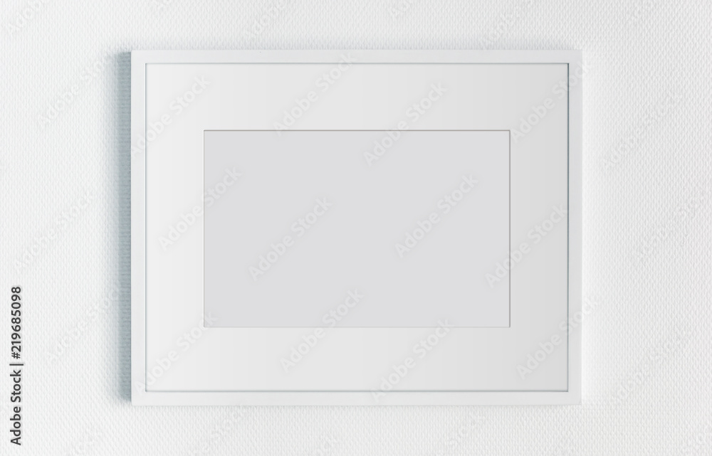 White rectangular horizontal frame hanging on a white wall mockup 3D rendering White rectangular horizontal frame hanging on a white wall mockup 3D rendering